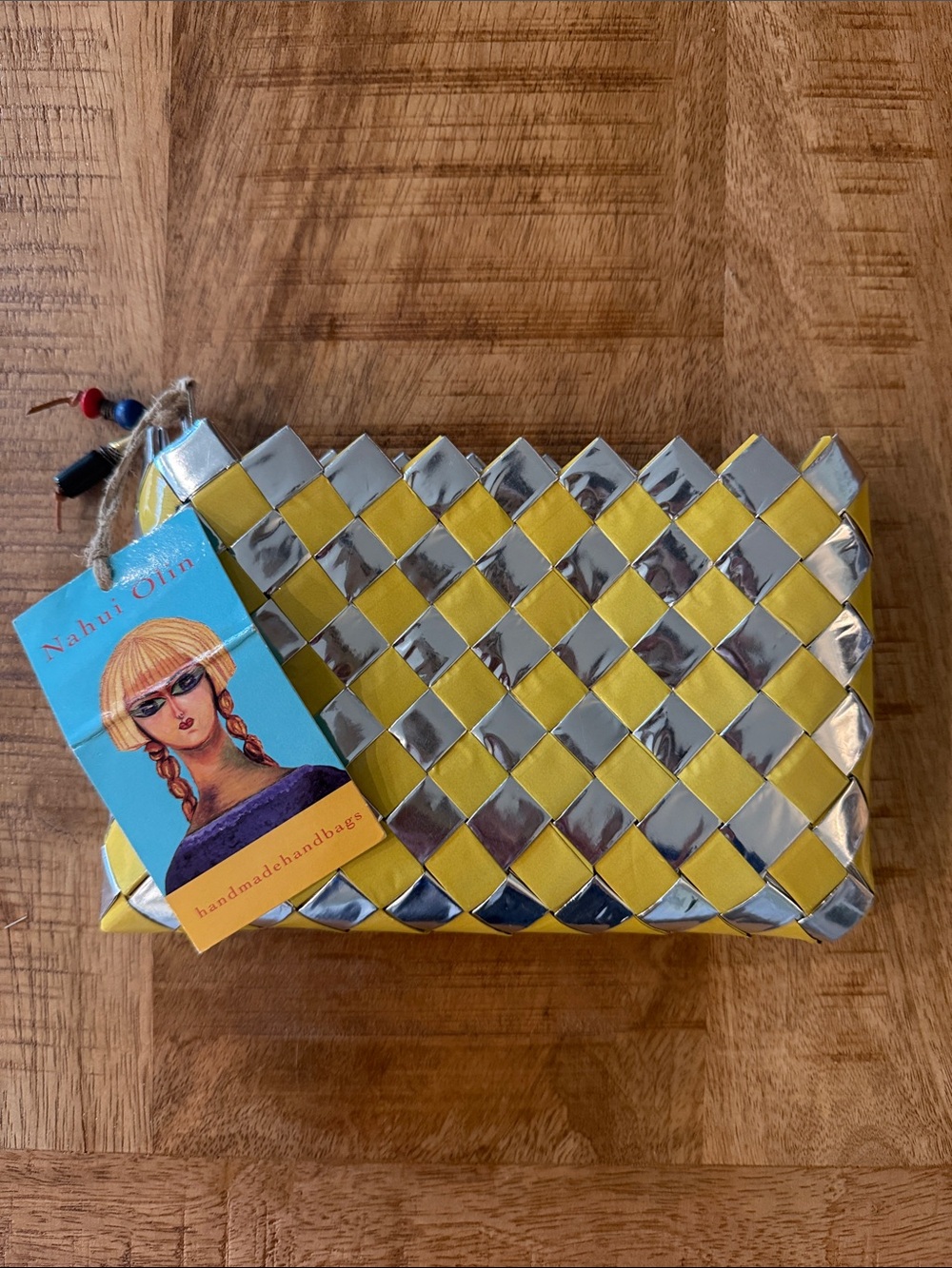 Nahui Ollin Yellow & Silver Checkered Woven Clutch